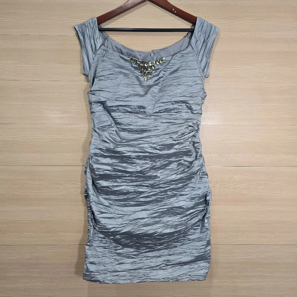 Alex Evenings Dress Womens 16 Ruched Bodycon Silver Beaded Neckline Mini Elegant - Picture 1 of 11